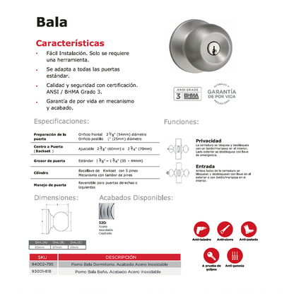 Pomo Bala para Baño en Acero Inoxidable Anti-Taladro