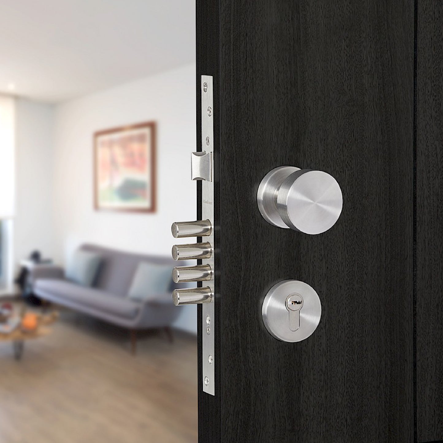 Cerradura de Embutir Palermo 4 Bulones + Cilindro Doble + Manijas en Níquel Satinado